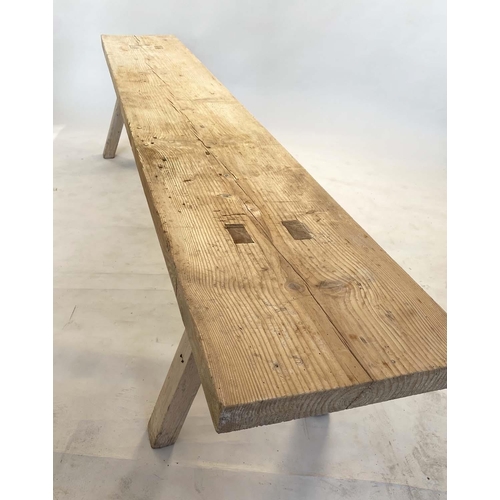 128 - BENCH, 19th century French Provincial weathered pine rectangular thick top with splay supports, 268c... 