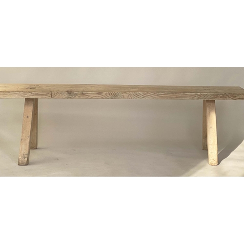 129 - BENCH, 19th century French Provincial pine rectangular thick top with splay supports, 216cm W x 60cm... 