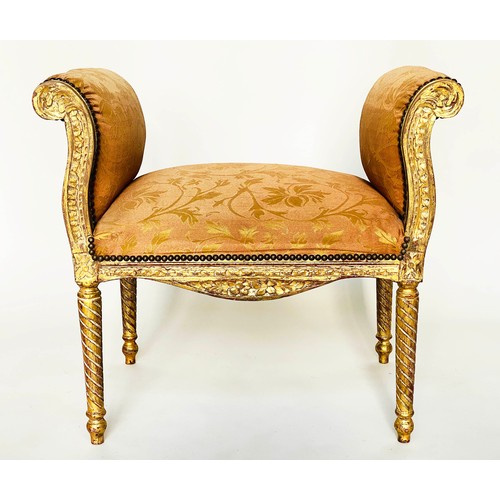 130 - WINDOW SEAT, French transitional style giltwood with scroll upstand arms and silk brocade upholstery... 