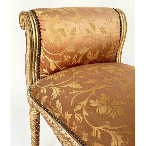 130 - WINDOW SEAT, French transitional style giltwood with scroll upstand arms and silk brocade upholstery... 