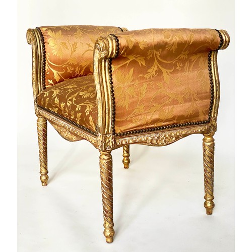 130 - WINDOW SEAT, French transitional style giltwood with scroll upstand arms and silk brocade upholstery... 