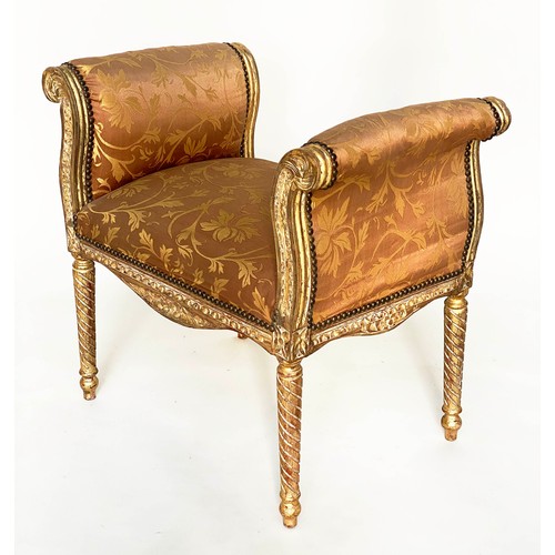 130 - WINDOW SEAT, French transitional style giltwood with scroll upstand arms and silk brocade upholstery... 