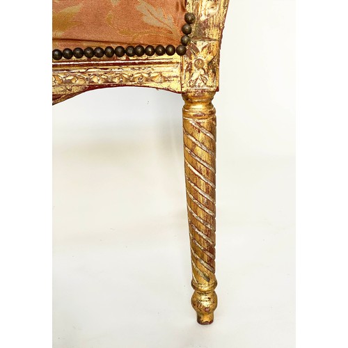 130 - WINDOW SEAT, French transitional style giltwood with scroll upstand arms and silk brocade upholstery... 