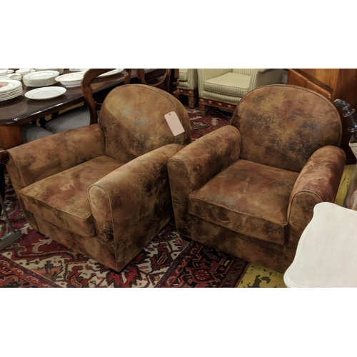 120 - ARMCHAIRS, a pair, in the Art Deco style, brown leather, 80cm H x 80cm W x 85cm D. (2)