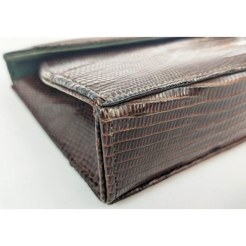 59 - VINTAGE LIZARD AND RHINESTONE CLUTCH, front flap closure with gems details 23cm x 12cm H, 1950's bea... 