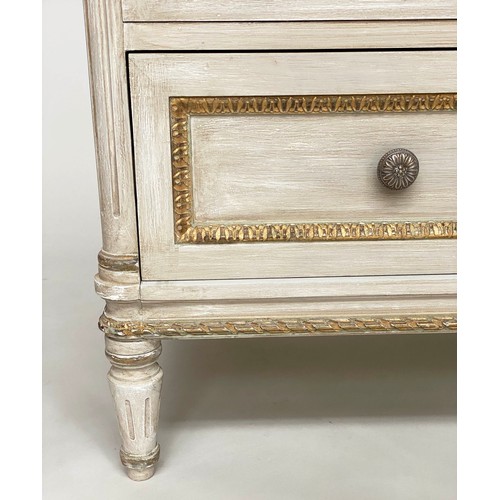 200 - COMMODE, French Louis XVI style, grey painted and parcel gilt with three long drawers and fluted cor... 