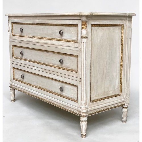 200 - COMMODE, French Louis XVI style, grey painted and parcel gilt with three long drawers and fluted cor... 