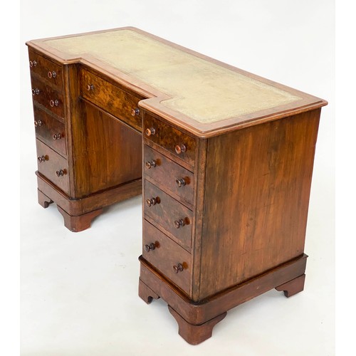 202 - PEDESTAL DESK, Victorian burr walnut with gilt tooled green leather writing surface above nine well ... 