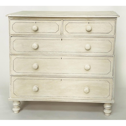 185 - VICTORIAN CHEST, grey painted and traditionally black lined with two short above three long drawers,... 