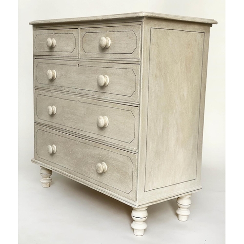 185 - VICTORIAN CHEST, grey painted and traditionally black lined with two short above three long drawers,... 