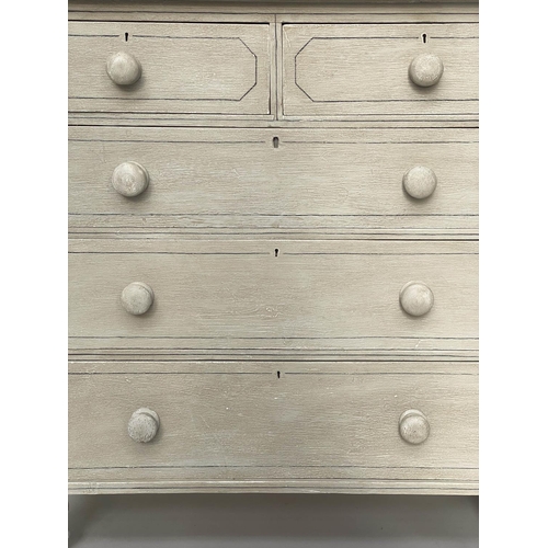 185 - VICTORIAN CHEST, grey painted and traditionally black lined with two short above three long drawers,... 