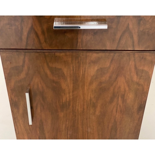 186 - ART DECO STYLE CABINETS, a pair, figured walnut each with drawer and cupboard door, 37cm x 39cm x 68... 