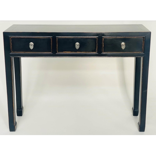 187 - CHINESE HALL/CONSOLE TABLE, black lacquered and silvered metal mounted with three frieze drawers, 10... 