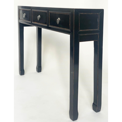 187 - CHINESE HALL/CONSOLE TABLE, black lacquered and silvered metal mounted with three frieze drawers, 10... 