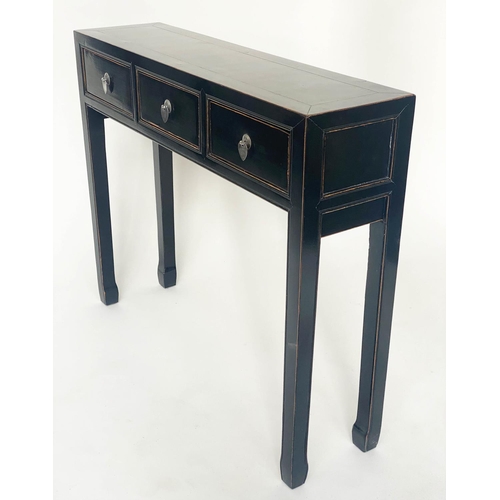 187 - CHINESE HALL/CONSOLE TABLE, black lacquered and silvered metal mounted with three frieze drawers, 10... 