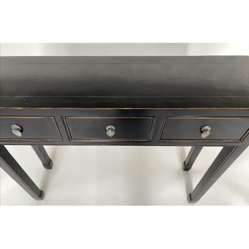 187 - CHINESE HALL/CONSOLE TABLE, black lacquered and silvered metal mounted with three frieze drawers, 10... 