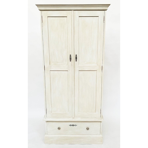 188 - ARMOIRE, French style traditionally grey painted with two panelled doors enclosing hanging space abo... 