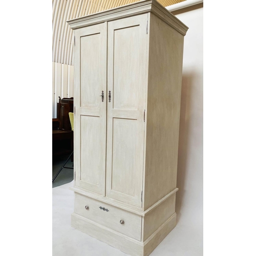 188 - ARMOIRE, French style traditionally grey painted with two panelled doors enclosing hanging space abo... 