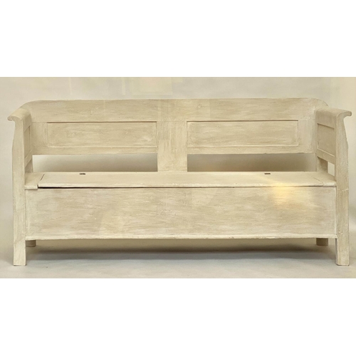 190 - HUNGARIAN BENCH, 19th century traditionally grey painted with rising seat, panelled back and scroll ... 