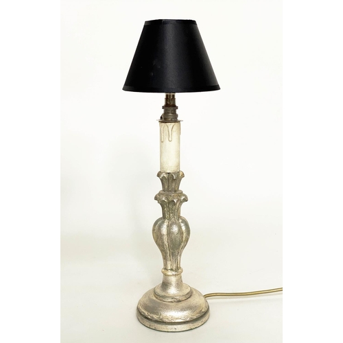 191 - TABLE LAMPS, a pair, Italian style carved silvered of candlestick form (with shades), 54cm H. (2)