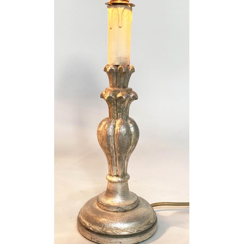 191 - TABLE LAMPS, a pair, Italian style carved silvered of candlestick form (with shades), 54cm H. (2)