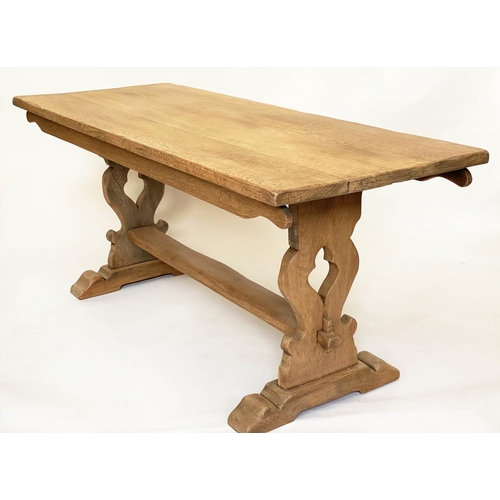 192 - REFECTORY TABLE, early 20th century solid oak, planked rectangular with pierced slab trestle support... 