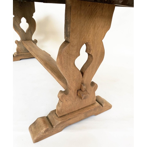 192 - REFECTORY TABLE, early 20th century solid oak, planked rectangular with pierced slab trestle support... 