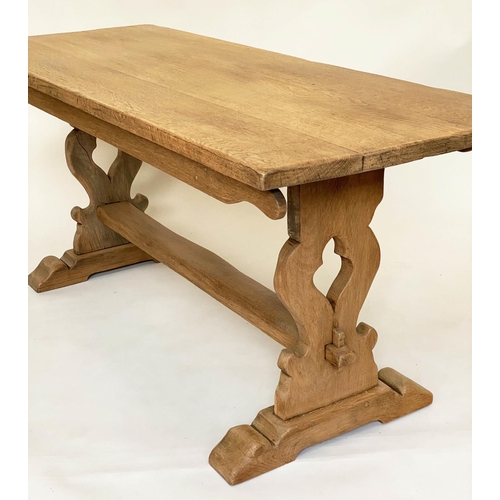 192 - REFECTORY TABLE, early 20th century solid oak, planked rectangular with pierced slab trestle support... 