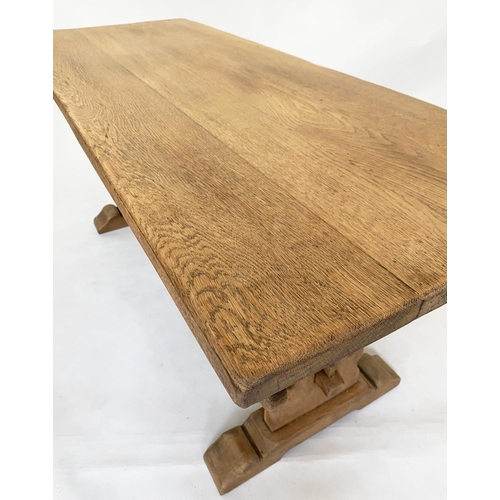 192 - REFECTORY TABLE, early 20th century solid oak, planked rectangular with pierced slab trestle support... 