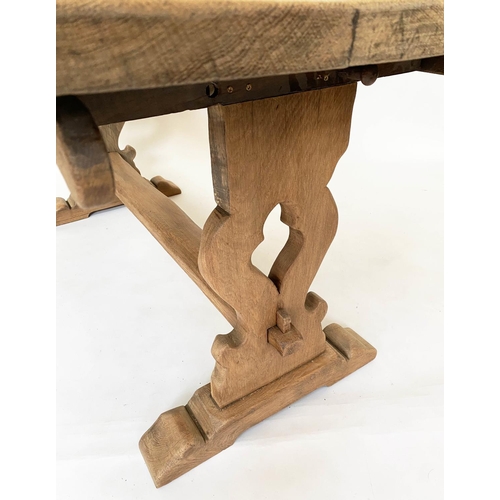 192 - REFECTORY TABLE, early 20th century solid oak, planked rectangular with pierced slab trestle support... 