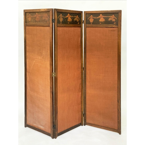 193 - SCREEN, three fold early 20th century Dutch oak panelled and terracotta hessian upholstered, each pa... 