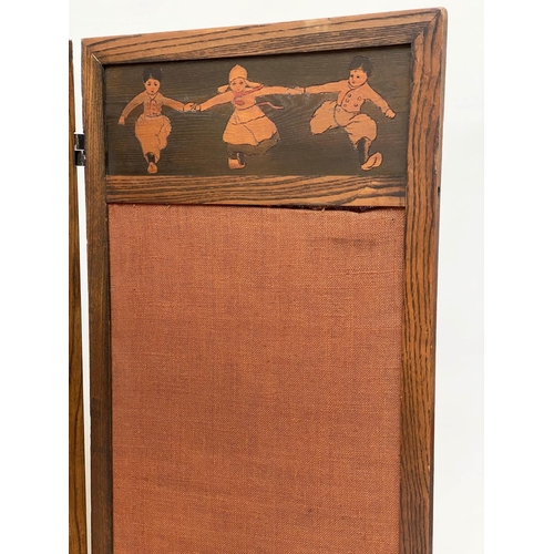 193 - SCREEN, three fold early 20th century Dutch oak panelled and terracotta hessian upholstered, each pa... 