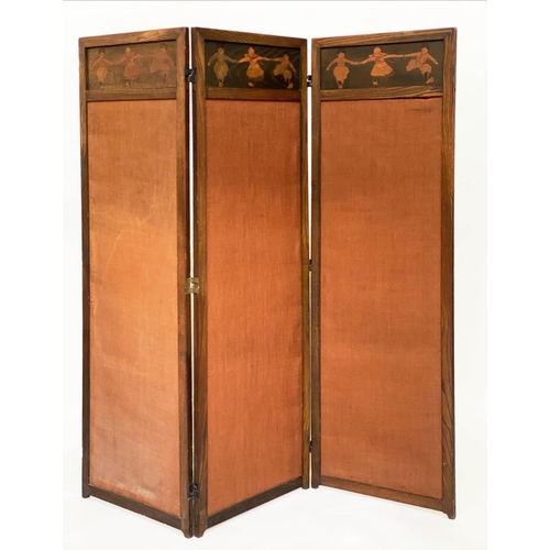 193 - SCREEN, three fold early 20th century Dutch oak panelled and terracotta hessian upholstered, each pa... 