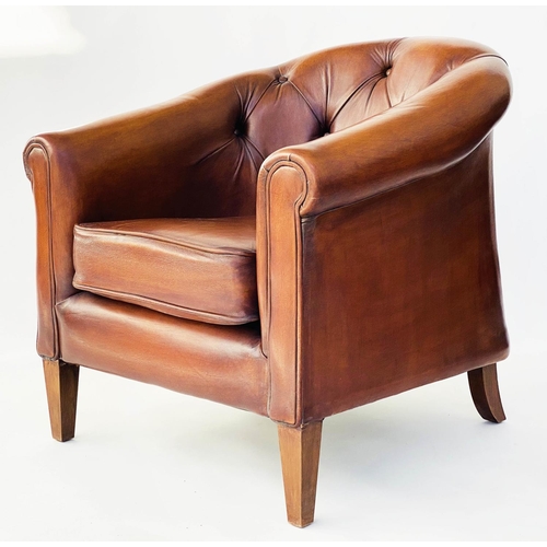 180 - CLUB ARMCHAIR, mid brown tan leather with rounded deep button upholstered back, 78cm W.