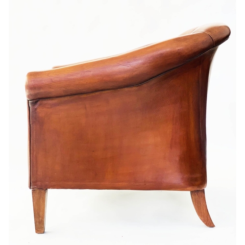 180 - CLUB ARMCHAIR, mid brown tan leather with rounded deep button upholstered back, 78cm W.