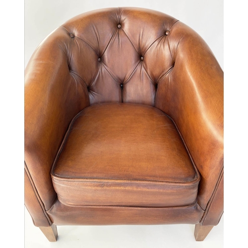 180 - CLUB ARMCHAIR, mid brown tan leather with rounded deep button upholstered back, 78cm W.