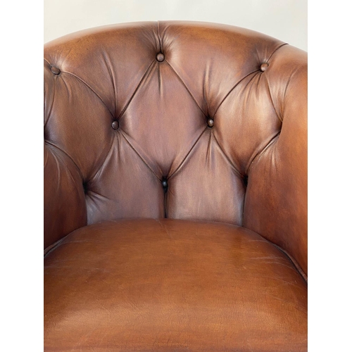 180 - CLUB ARMCHAIR, mid brown tan leather with rounded deep button upholstered back, 78cm W.