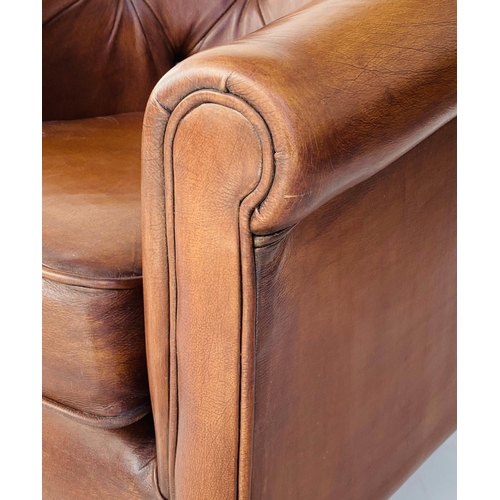 180 - CLUB ARMCHAIR, mid brown tan leather with rounded deep button upholstered back, 78cm W.