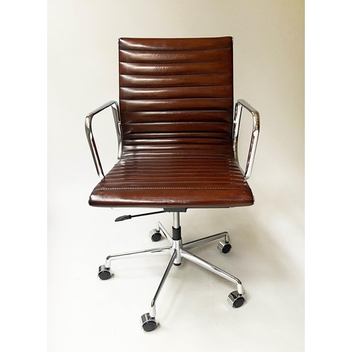 182 - REVOLVING DESK CHAIR, Charles and Ray Eames inspired with ribbed tan leather seat revolving and recl... 