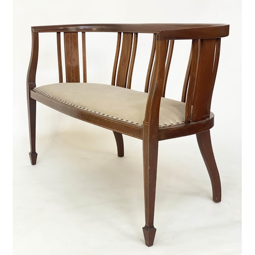 183 - HALL SEAT, early 20th century Edwardian mahogany with enclosed slat back and studded linen upholster... 