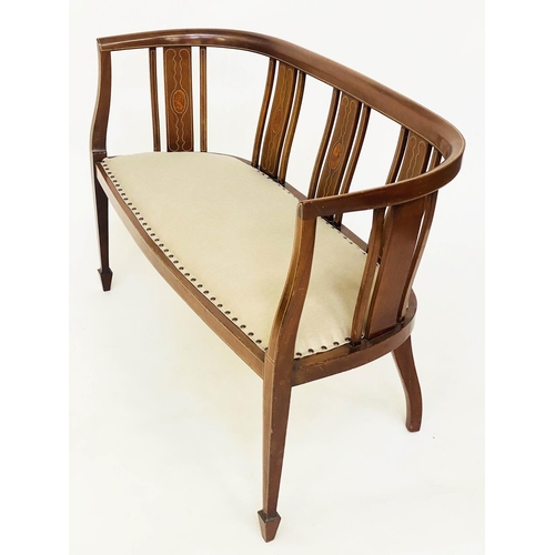 183 - HALL SEAT, early 20th century Edwardian mahogany with enclosed slat back and studded linen upholster... 