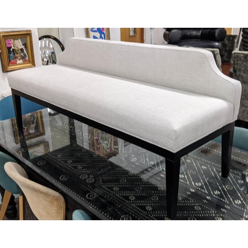 416 - BENCH, 150cm x 50cm x 56cm, neutral fabric upholstered ebonised base.