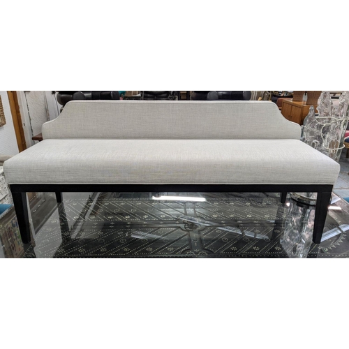 416 - BENCH, 150cm x 50cm x 56cm, neutral fabric upholstered ebonised base.