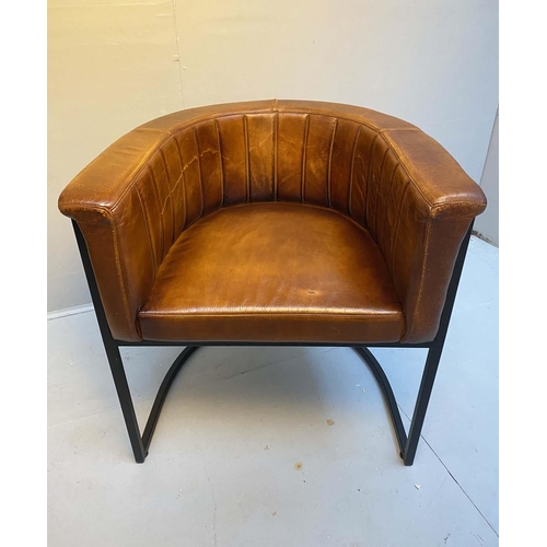 411 - TUB CHAIR, 74cm x 68cm x 61cm, Art Deco inspired design, brown leather, metal frame.