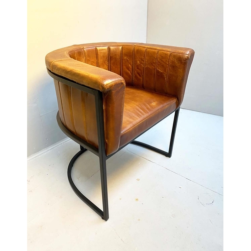 411 - TUB CHAIR, 74cm x 68cm x 61cm, Art Deco inspired design, brown leather, metal frame.