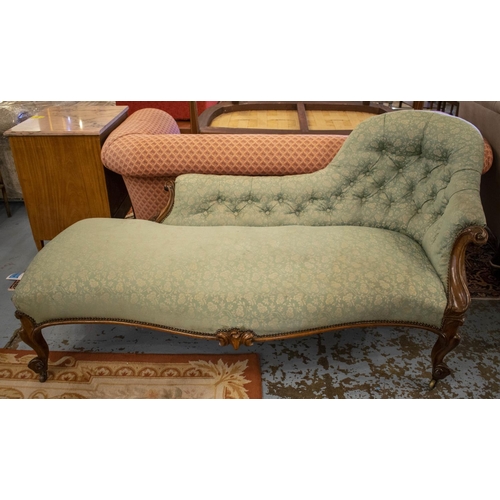 195 - CHAISE LONGUE, 91cm H x 179cm, mid Victorian walnut, circa 1860, in green fabric.