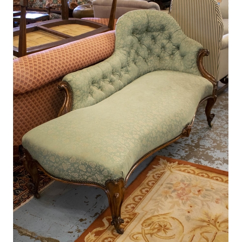 195 - CHAISE LONGUE, 91cm H x 179cm, mid Victorian walnut, circa 1860, in green fabric.