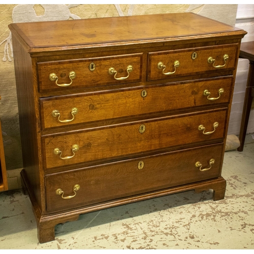 196 - CHEST, 95cm H x 104cm x 50cm, George III oak and mahogany banded of five drawers with later handles.