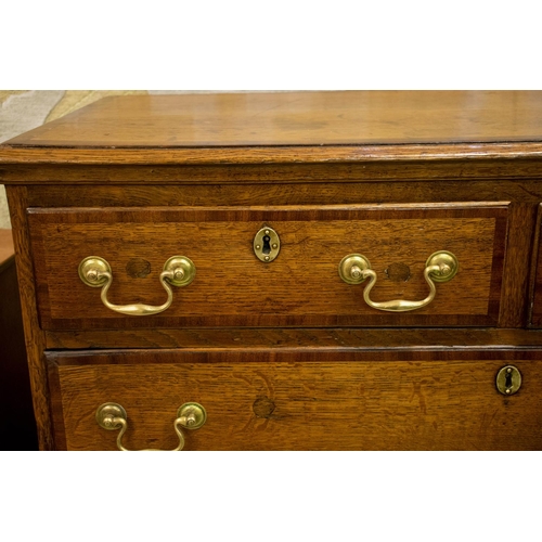 196 - CHEST, 95cm H x 104cm x 50cm, George III oak and mahogany banded of five drawers with later handles.