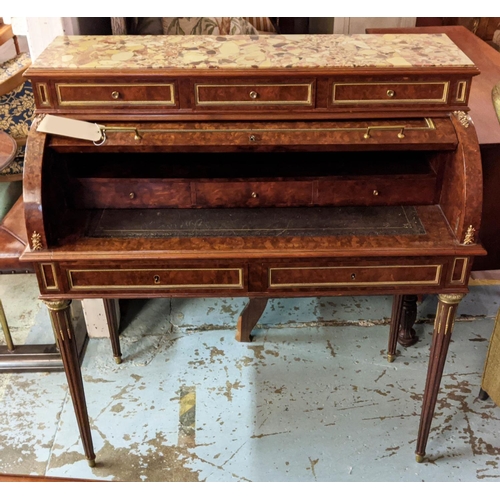 144 - CYLINDER BUREAU, late 19th/early 20th century French thuya and gilt metal mounted with d'alep marble... 